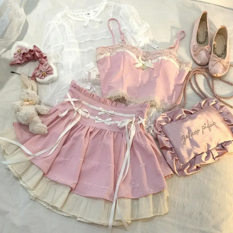 Kawaii Pink Two-Piece Outfit: Japanese Style Mini Skirt Set Sweet Lolita  Camis Top High Waist Bandage Skirt Fashion