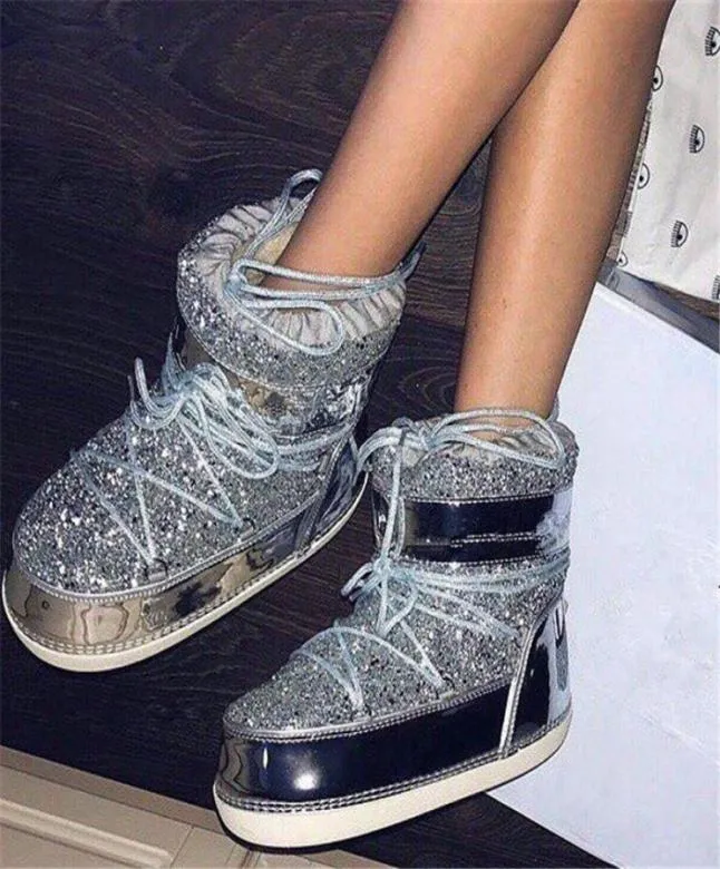 Zimowe złoto -brokatowe buty śnieżne buty śnieżne buty ze sztuczną łodzią do włosów dla żeńskiej bottine femme botine księżyc darmowa wysyłka 5149596