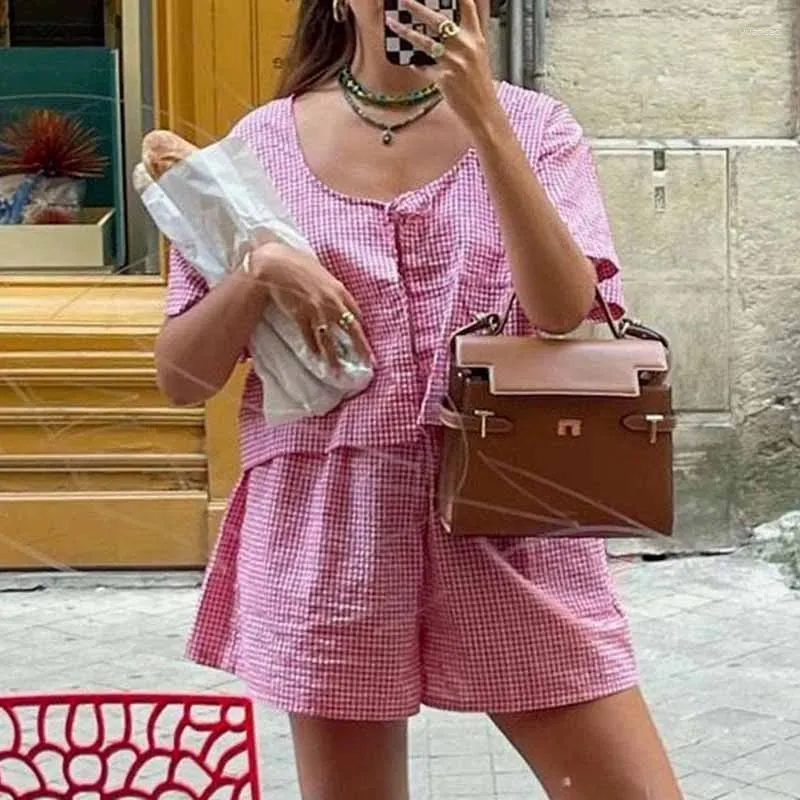 Traccetti da donna Donne Boho Beach SEACH Abbinamento SET VINTAGE Plaid 2 pezzi Cravatta frontale a maniche corte Shirt Shirt Crop Crop Tops gamba larga