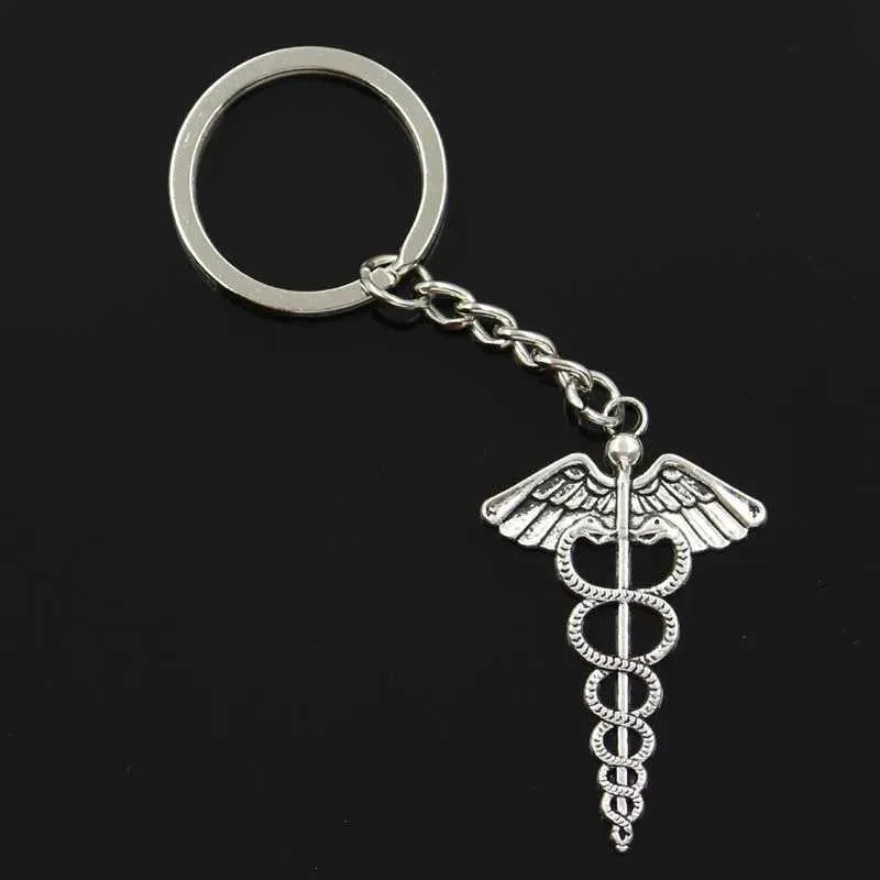 Keychains Lanyards New Fashion Mens 30mm Keychain DIY Metal Bracelet Vintage Caduceus Medical Symbol 49x30mm Silver Pendant Gift Q240403