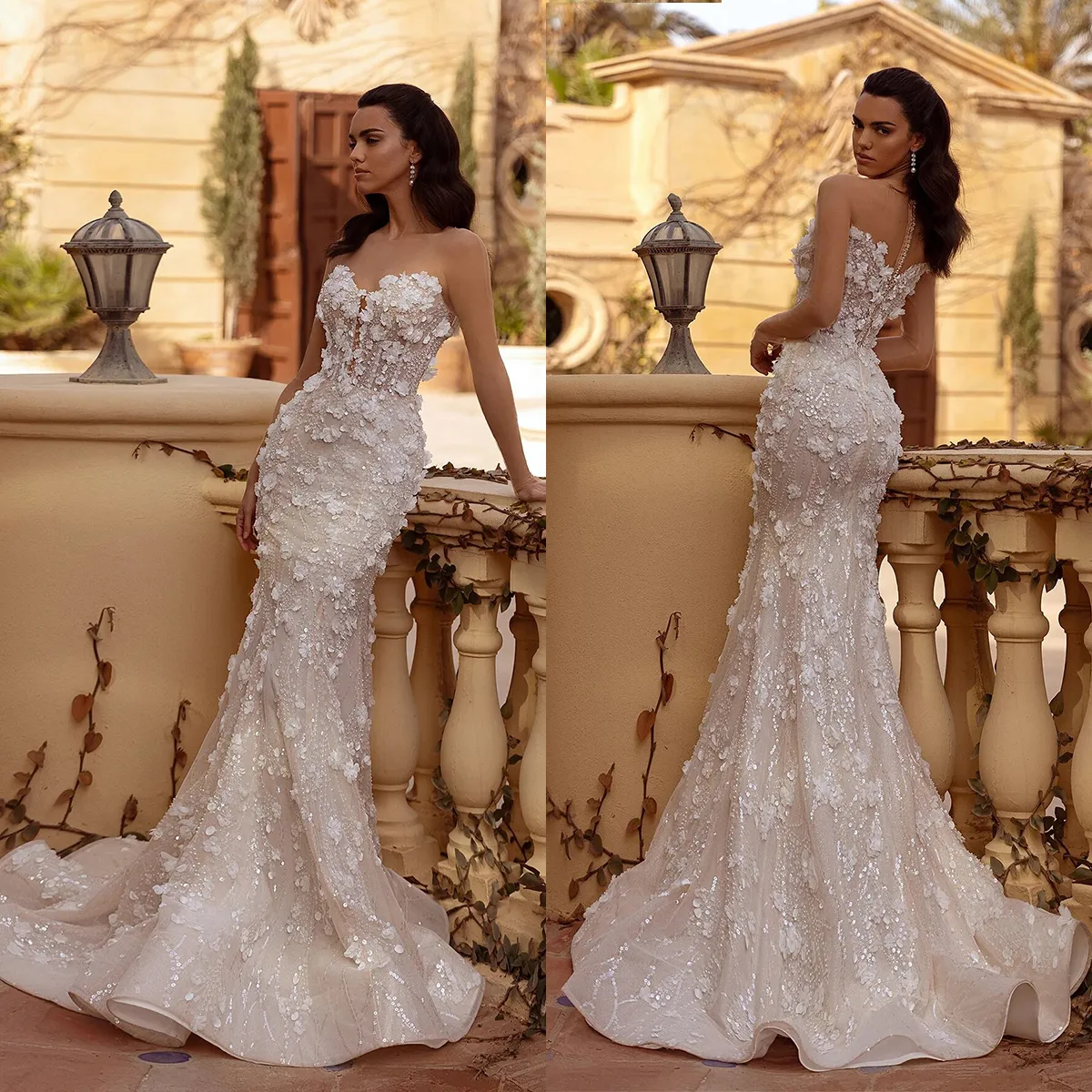 Abito da sposa sirena classico a maniche lunghe a maniche lunghe a maniche da sposa 3d paillettes paillettes spazzano abiti da treno su misura credetidos de novi 0505 0505