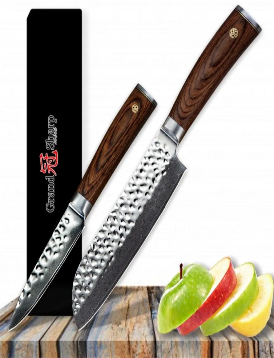 Grandsharp 2 PCS Kitchen Knife Set Santoku Paring Knife Set VG10 Japonais Damas Kitchen Couteaux 67 couches Japonais Damas STEE5392493