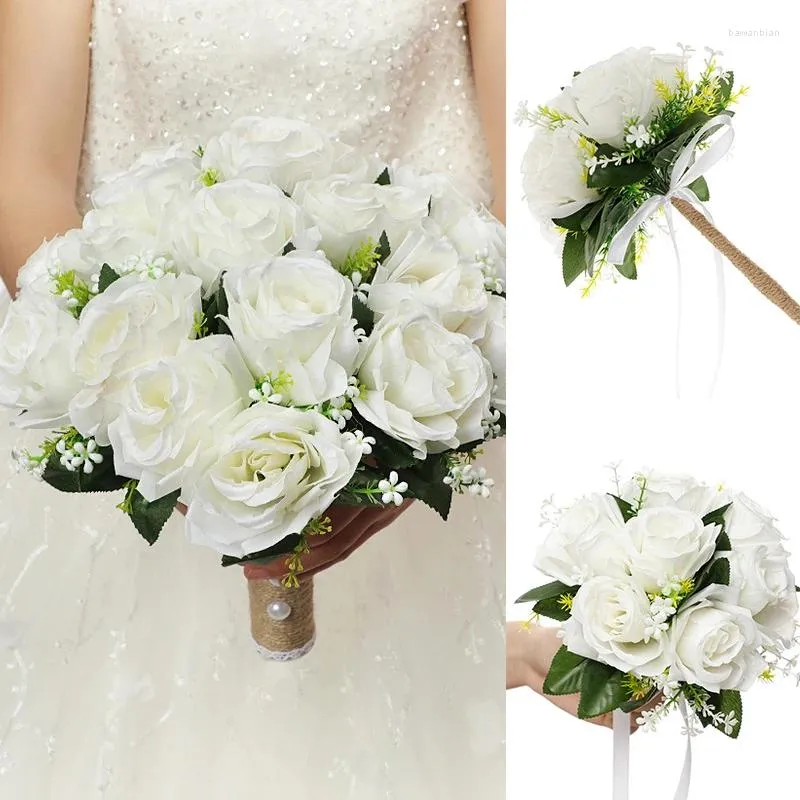 Fiori decorativi Yan White Wedding Bouquet per sposi e damigelle di seta rose artificiali lancia a mano decorazioni boho centrotavola