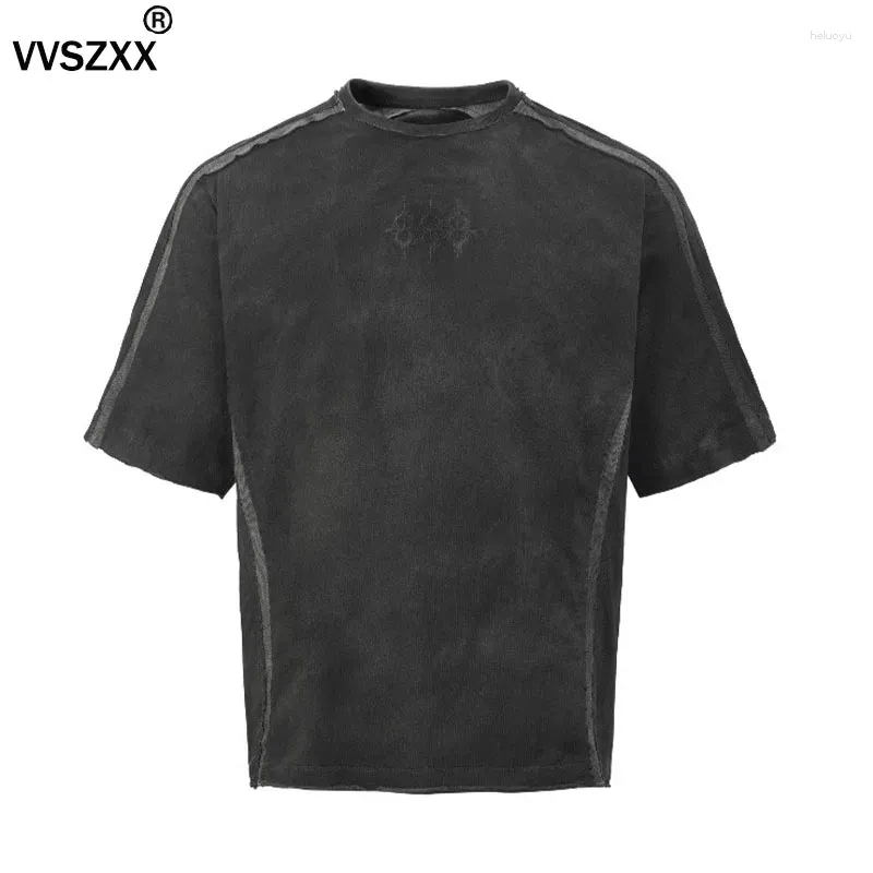 Men's T Shirts Armor Double Short Sleeved T-shirt Mesh Patchwork Washed Distressed Letter Embroidery Loose Tees For Men