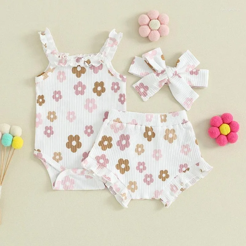 Kledingsets babymeisjes shorts set bloemenprint mouwloze romper met en haarband zomer 3 stuks outfit voor 0-18 maanden