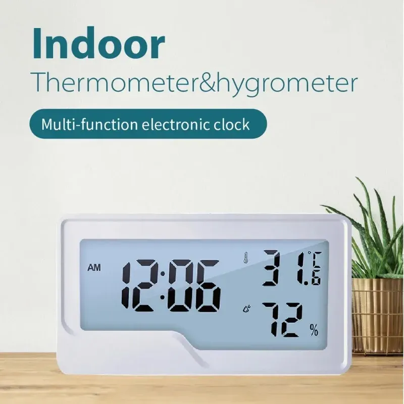 Klockor inomhus temperaturfuktighetssensor max/min hygrometer termometer display med 12/24 timmars switch skrivbord tidsklocka med bakgrundsbelysning