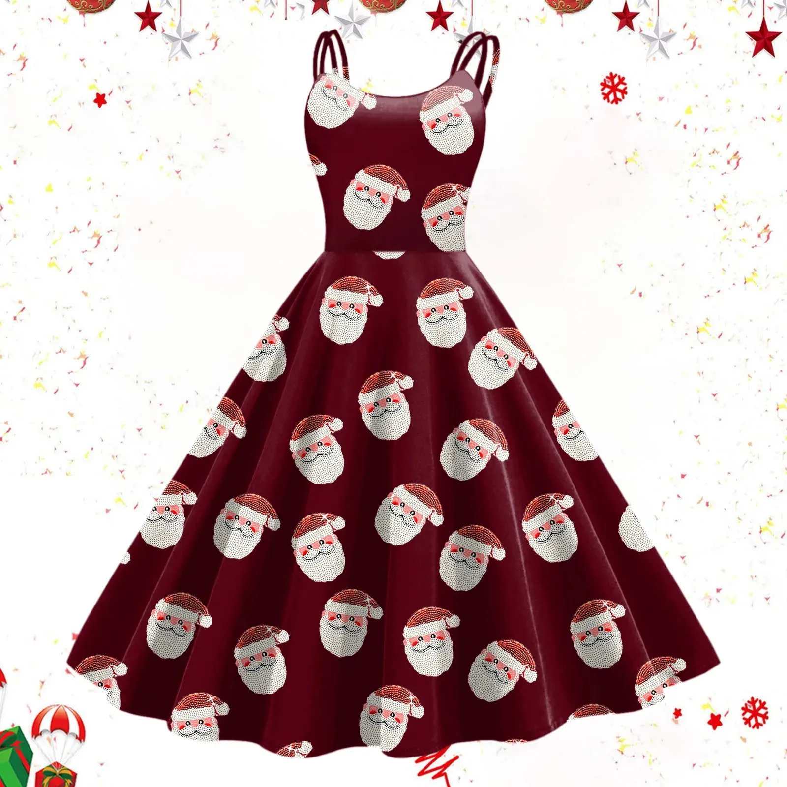 Santa Claus Print Sleeveless A-Line 1950s prom dress with Flared Swing for Women - Xmas 241107