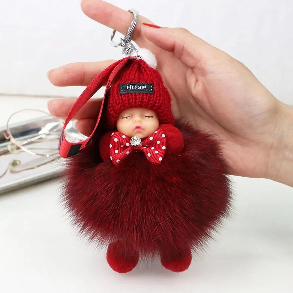 Animal Plush Keychain Soft Faux Fur Sleeping Baby Doll Keychain