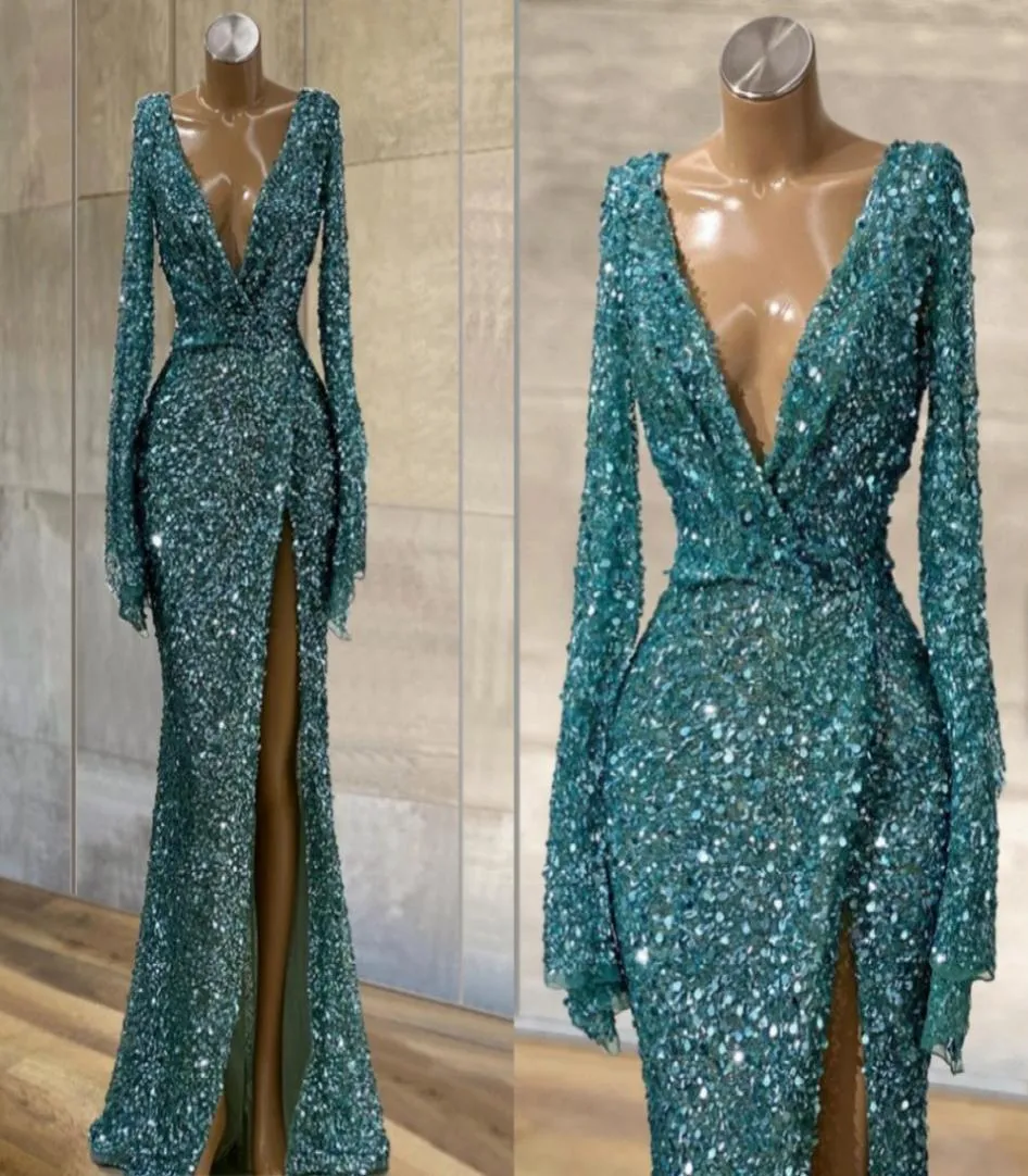 Blue Glitter paljetter sjöjungfrun prom klänning långa ärmar sexiga djupa v hals front slit party natt kväll klänningar vestidos de fiesta robe3982787