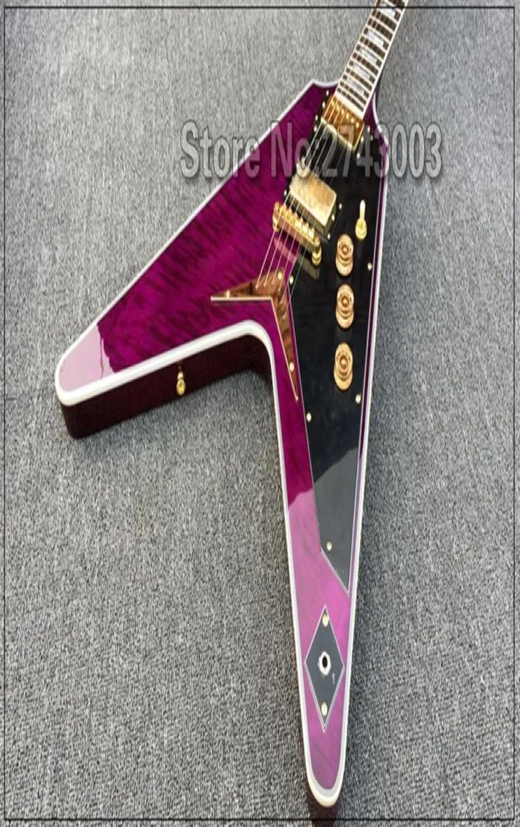 Anpassad butik Translila Flame Maple Top Flying V Electric Guitar Black PickGuard String Thru Body Bridge Gold Hardware8592265