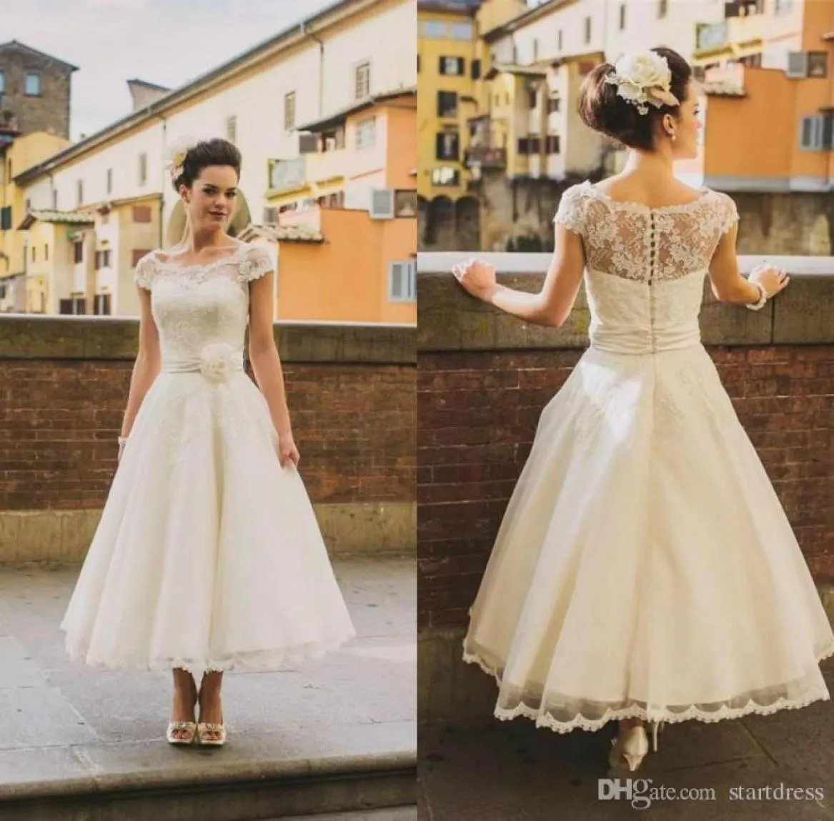 Robe de mariée de la longueur de thé vintage boho ivoire manche de cascade bohème en dentelle de couche transparente