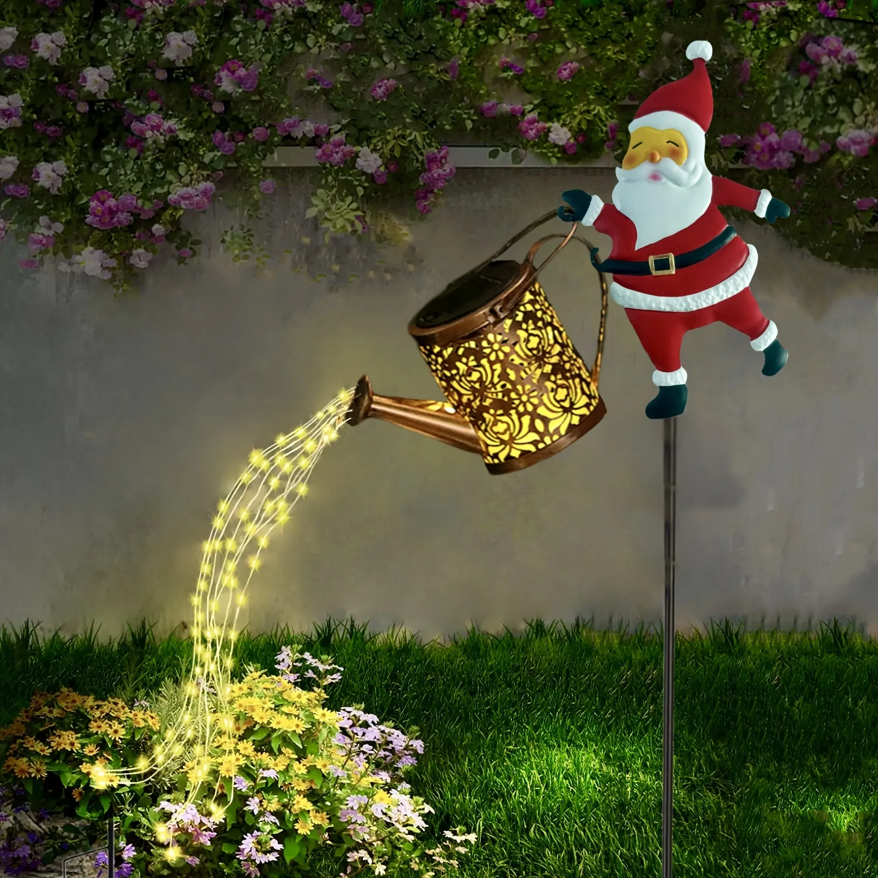 Santa Solar Kettle Lights Outdoor - Christmas Watering Can Yard Décor with LED Flowing Lights