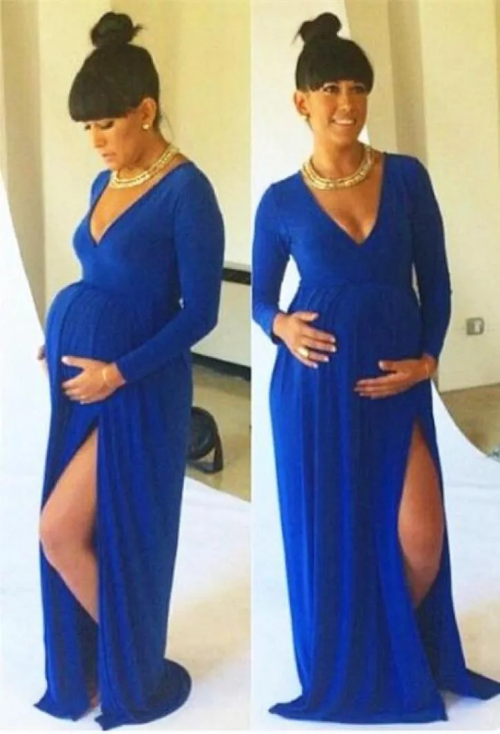 Senaste sexiga moderskapsklänningar med sidoslits Vneck Royal Blue Baby Shower Long Sleeve Prom Dress Gravida aftonklänningar7667270