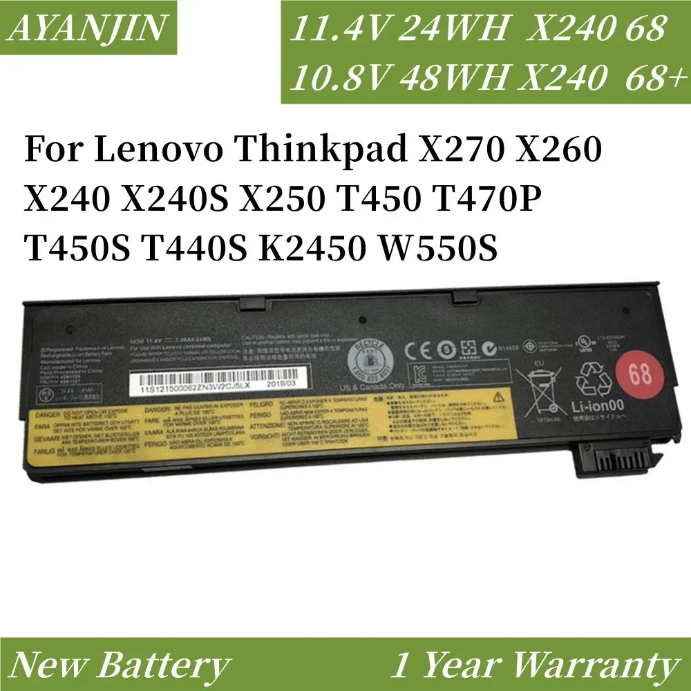 Batteries 24WH 48WH 72WH Laptop Battery for Lenovo Thinkpad X270 X260 X240 X240S X250 T450 T470P T440S K2450 W550S 45N1136 45N1738