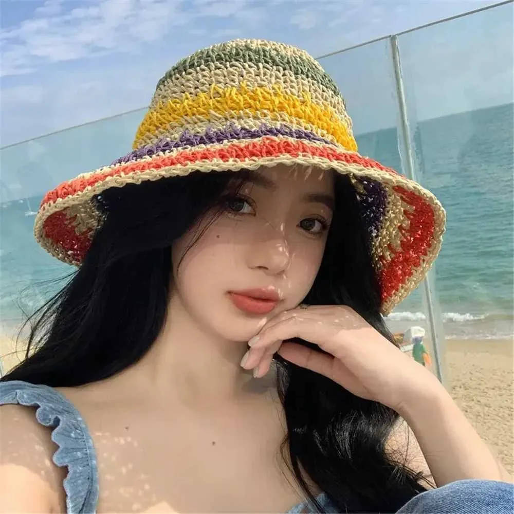 Wide Brim Hats Bucket Ethnic Tourism Straw hat 2024 New Hat Women Summer Sun Tourists Beach Q240403