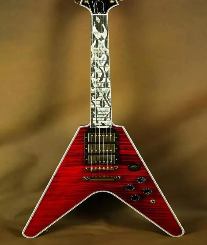 Sällsynta Flamethrower Flying V Ultima Fire Tiger Cherry Flame Maple Top Electric Guitar White Pearloid Abalone Flame Inlay 3 Humbuc9737178