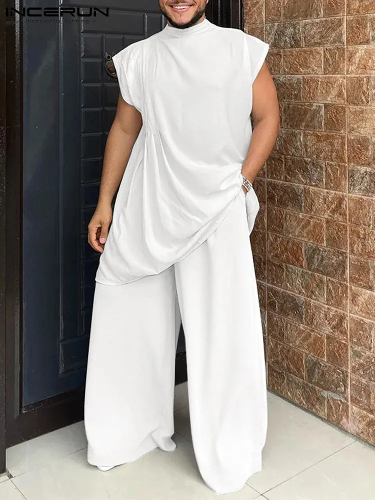 INCERUN Men Sets Muslim Clothing O-neck Short Sleeve T Shirt Wide Leg Pants Two Pieces Solid Baggy Men Casual Suits 7 240401