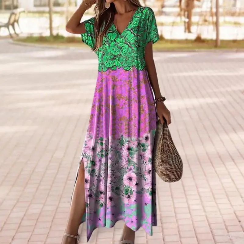 Vestidos de fiesta Vestidos de verano para mujeres Velas de color en V de color en V de colorido Pantilla de hendidura a la línea de manga corta