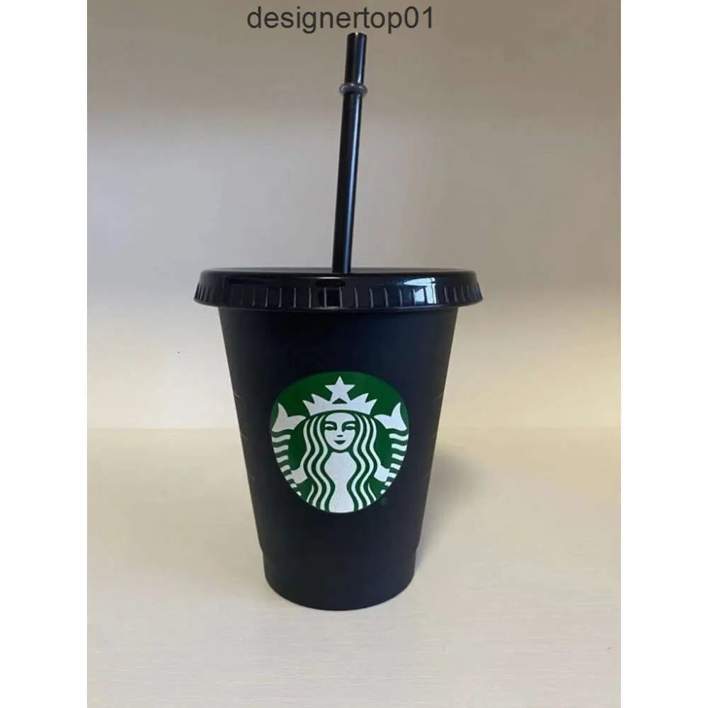 Stanleliness Starbucks 16oz/473ml Plastic Mugs Tumbler Reusable Black Drinking Flat Bottom Pillar Shape Lid Straw Cup 4OFG