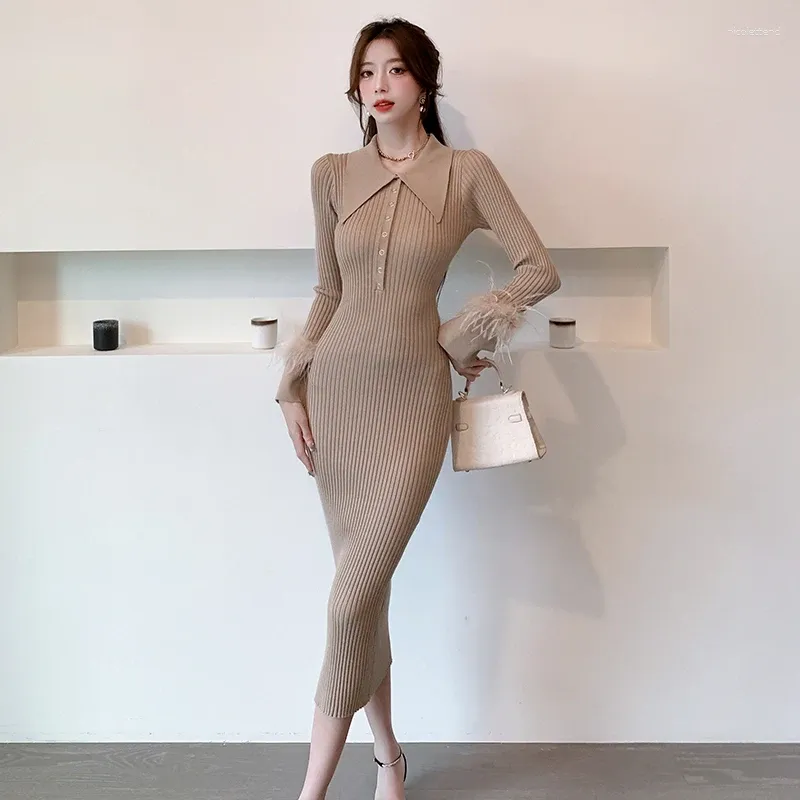 Abiti casual Women's Polo Collar BodyCon Abito a maglia Autunno inverno Elegante maniche a fiamma piuma piena Full Single Single Vestitido Long Vestido Q799