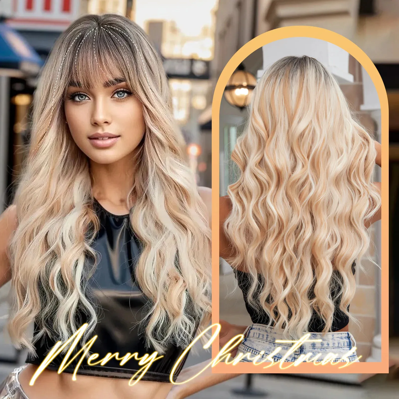 Blonde Unicorn Ombre Brown Synthetic Long Wavy s with Bangs Daily Cosplay Party Use Heat Resistant Fiber for Women 240327