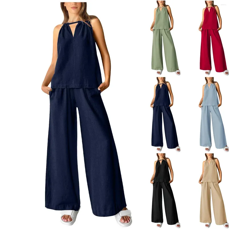 Women's Pants Casual Summer Two Piece Outfits Cotton Linen Sets Cutout Sleeveless Top Wide Leg Matching Set Ropa De Mujer