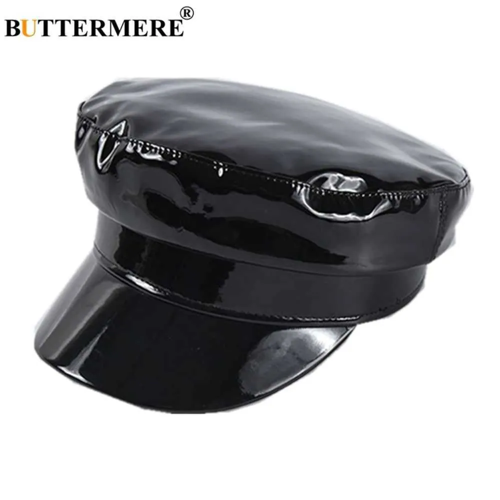 Ball Caps BUTTERMERE Patent Leather Military Style Cap Ladies Black Sailor Hat Woman Captain Autumn Winter High Fashion Hats Q240403