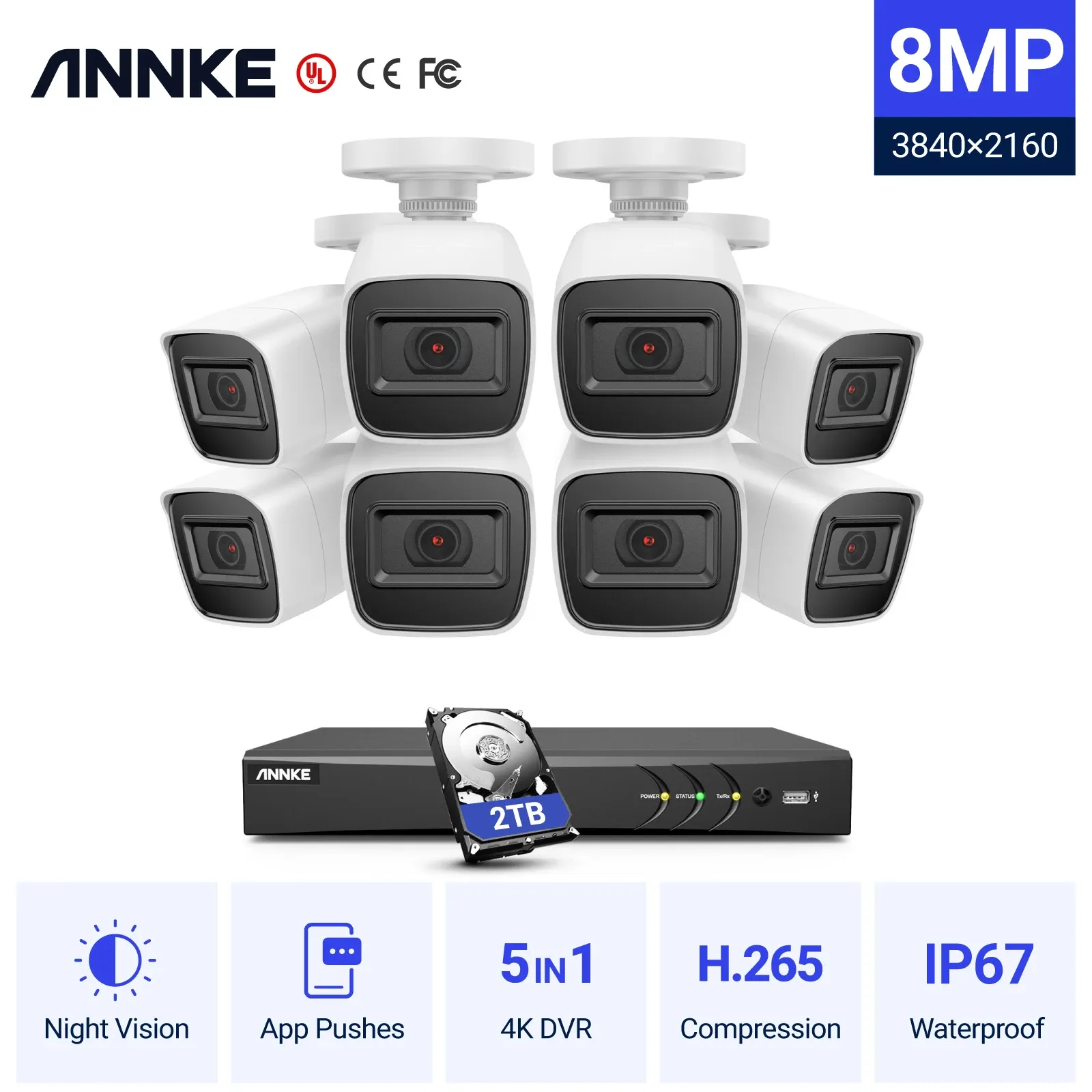 System Annke 4K 8CH Ultra HD CCTV Camera System H.265 DVR Kit 8pcs 8MP TVI IP67 Outdoor Home Video Security Surveillance System Kit