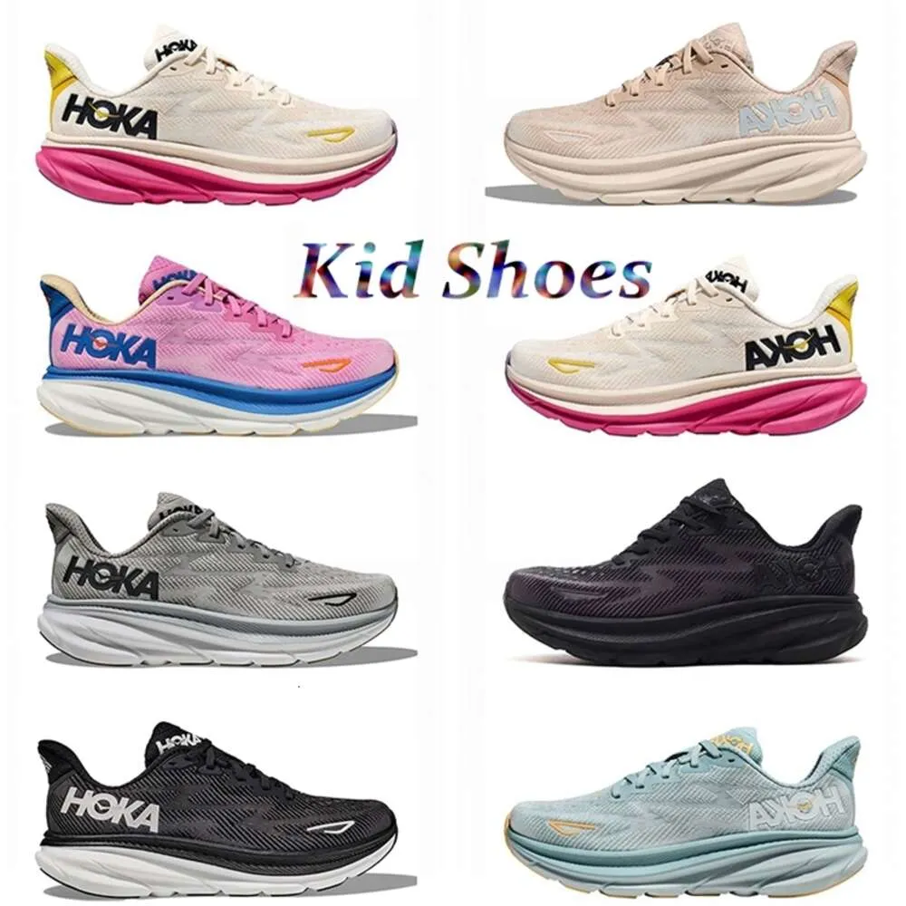 Hokah Kid One Clifton 9 Koşu Ayakkabı Toddler moda spor ayakkabılar Hokahlar Kadın Üçlü Siyah Beyaz Siklamen Tatlı Leylak Vites Kum Erkek Kız Erkekler Trainers Boyutu 28-35