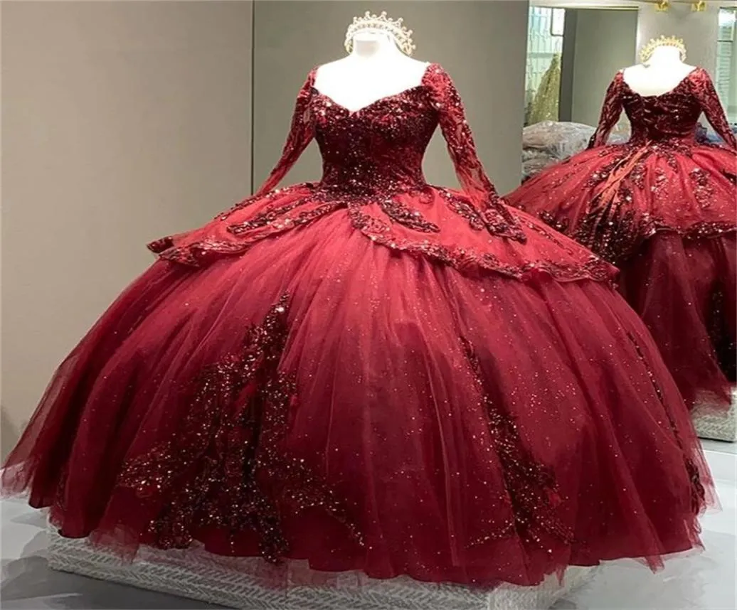 Burgundy Sparkly Quinceanera Dresses 2022 Long Sleeve Lace 3D Flowers equins حبات الأميرة Party Sweet 15 Ball Gown2366944