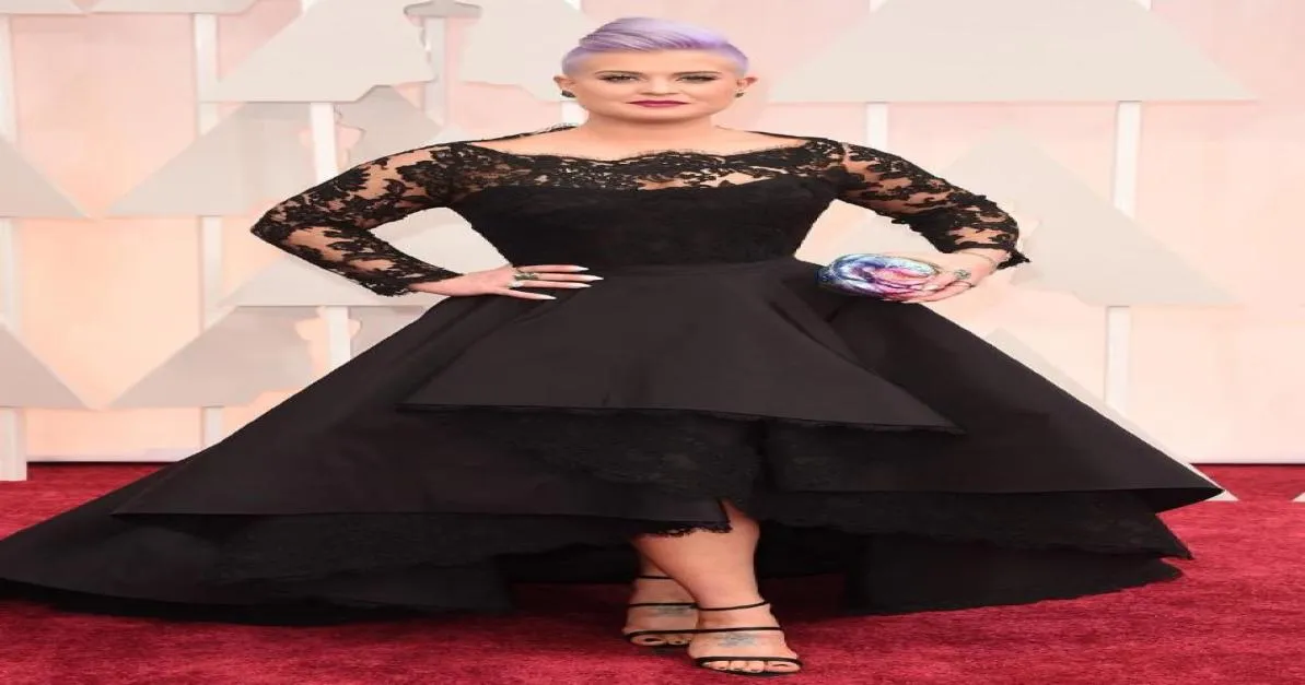 Black Long Sleeves Prom Dresses With Sheer Neck Lace Appliques High Low Satin Custom Made Kelly Osbourne Celebrity Red Carpet Dres3314613