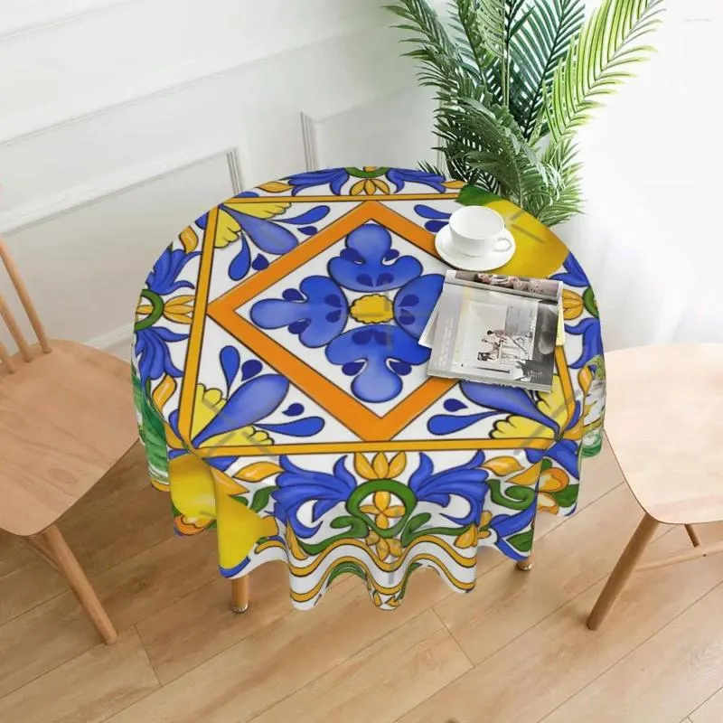 Table Cloth Summer Sicilian Tiles Citrus Oranges Tablecloth 60in Diameter 152cm Soft Home Decor