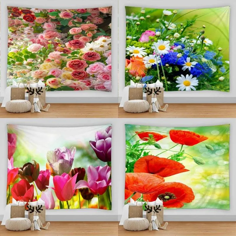 Tapestries Colorful Blossoms Beautiful Flower Wall Hanging Floral Tapestry Fabric Wallpaper Home Decor Polyester Tablecloth150x200cm