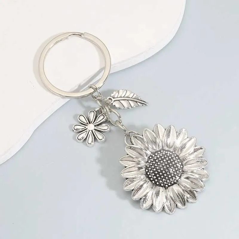 Keychains Lanyards Cute Sunflower Floret Leaf Alloy Keychain Silver Color Natural Plants For Making Handmade DIY Findings Jewelry Accessories Q240403