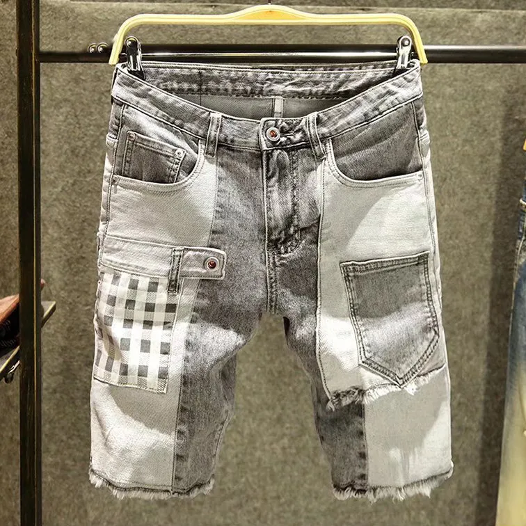 Short tendance pour homme, jeans droits, serrés, décontractés, hip hop, street, pantalon déchiré, patch, lettre imprimée, denim_voghion.com
