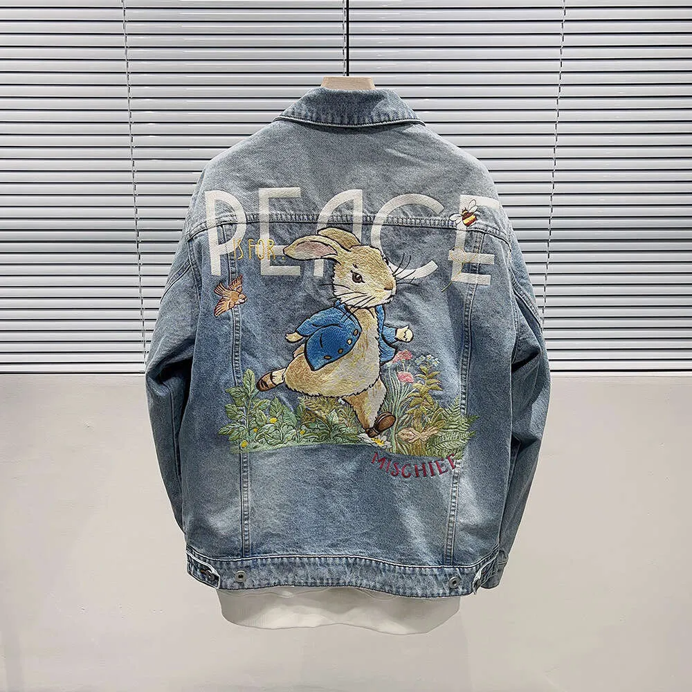 Bird Home Element 2023 Spring New Rabbit broderad denim Coat Men's Loose Flip Collar Jacket B1BJD1239