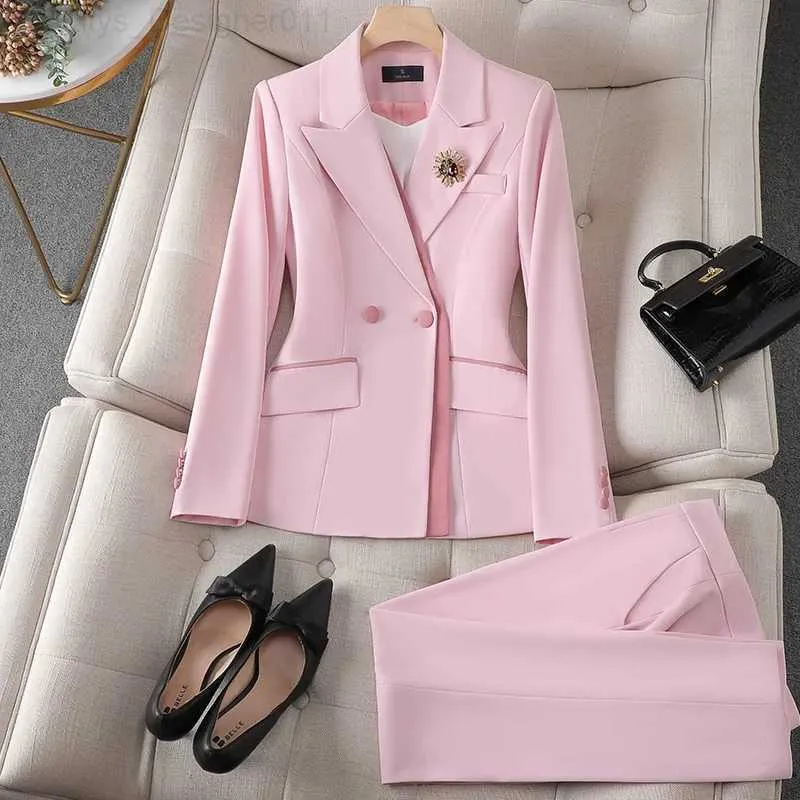 Женские брюки S-4XL Розовая белая женская куртка и брюки Set Office Women Business Workwear 2-eave Set Fe