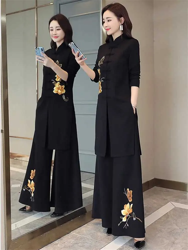 Kvinnors tvåbitar byxor kinesisk stil tvådelar kvinnor mode broderade breda ben byxor kläder retro set conuntos de jerc240407