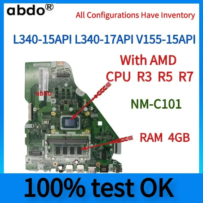 Motherboard NMC101.For Lenovo L34015API L34017API V15515API Laptop Motherboard.With AMD CPU Ryzen R3 R5 R7.4GB RAM.tested 100% work