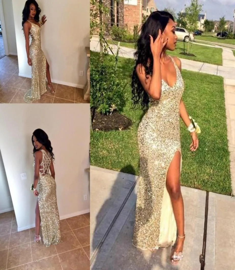Sparkle Gold Sequins Arabic High Slit Prom Dresses Party V Neck Sheath Backless Plus Size Cheap African Graduate Gowns Eveing Wear4690491
