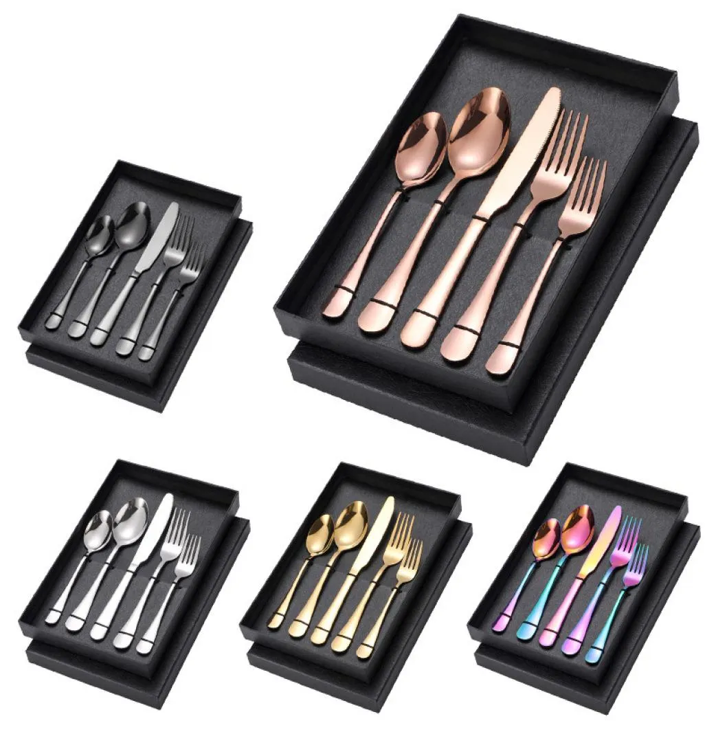 Upskala 5pcsset Tabelleriset Set Rose Golden Spoon Fork Knife Ceries Set Black Flatware Set Colorful Rainbow Gold Cuterge Box5057758