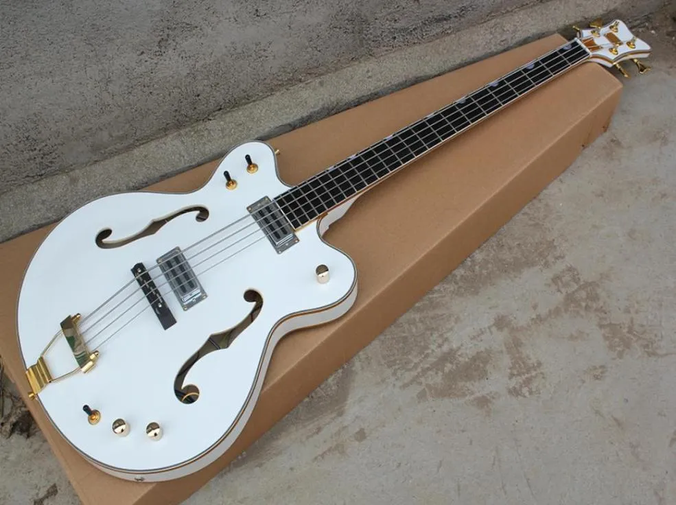 Factory Custom White 4String Semihollow Electric Bass Guitar met Gold BindingRoseWood fretboardgold Hardwaresoffer Apply 3751647