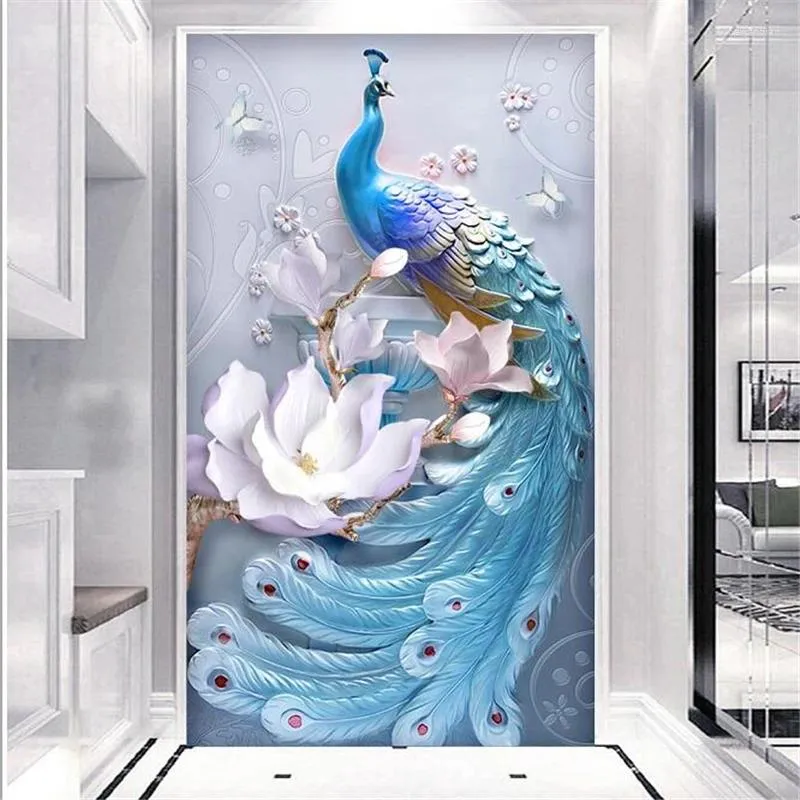 壁紙wellyuカスタム壁紙3D壁画モダンミニマリストのエンボスピーコックポーチバックドロップ装飾絵画壁