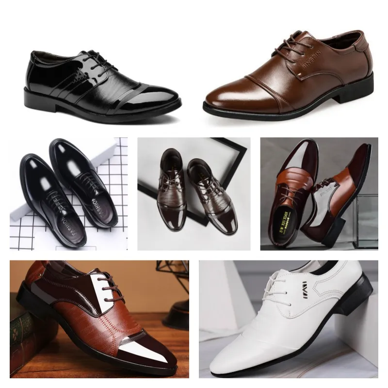 2024 Toppdesigner Multi Style Leather Men's Black Casual Shoes, Stor storlek Business Dress Pointed Tie Up Wedding Shoe