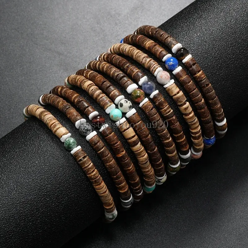 Round Natural Gem Stone bead strand Bracelet coconut shell spacer Bracelets Bangles for Women