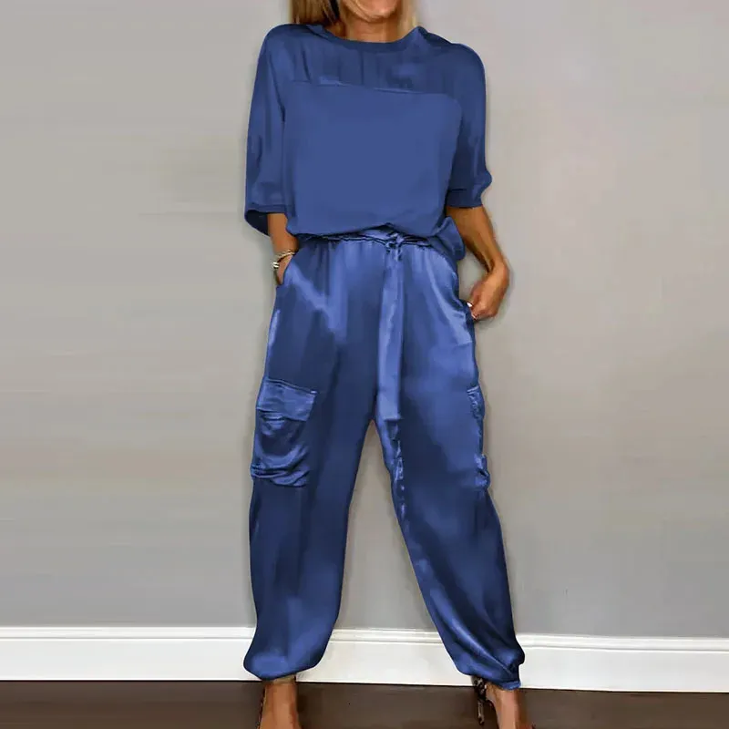 Women O Neck Top a manicotto e pantaloni Street Street Multi Color Due pezzi Set Summer Casual Satin Comove Suit 240407