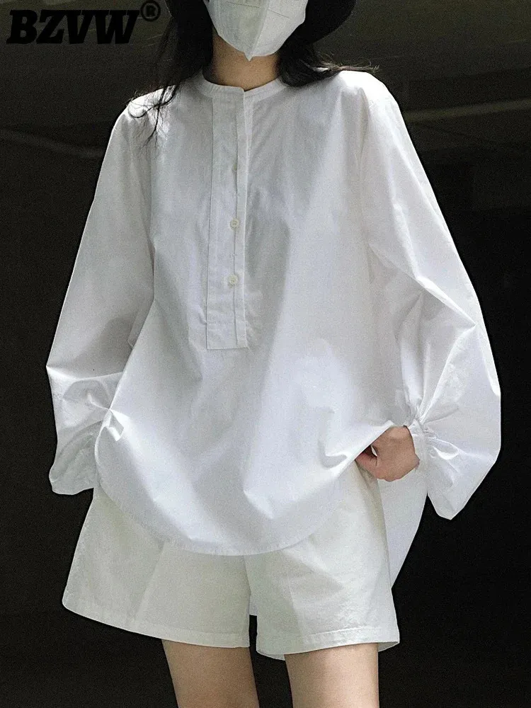 BZVW Koreansk stil Pullover -skjorta för kvinnor Vit rund nacke lanter ärm blusar kvinnliga toppar Spring Clothing S 240407