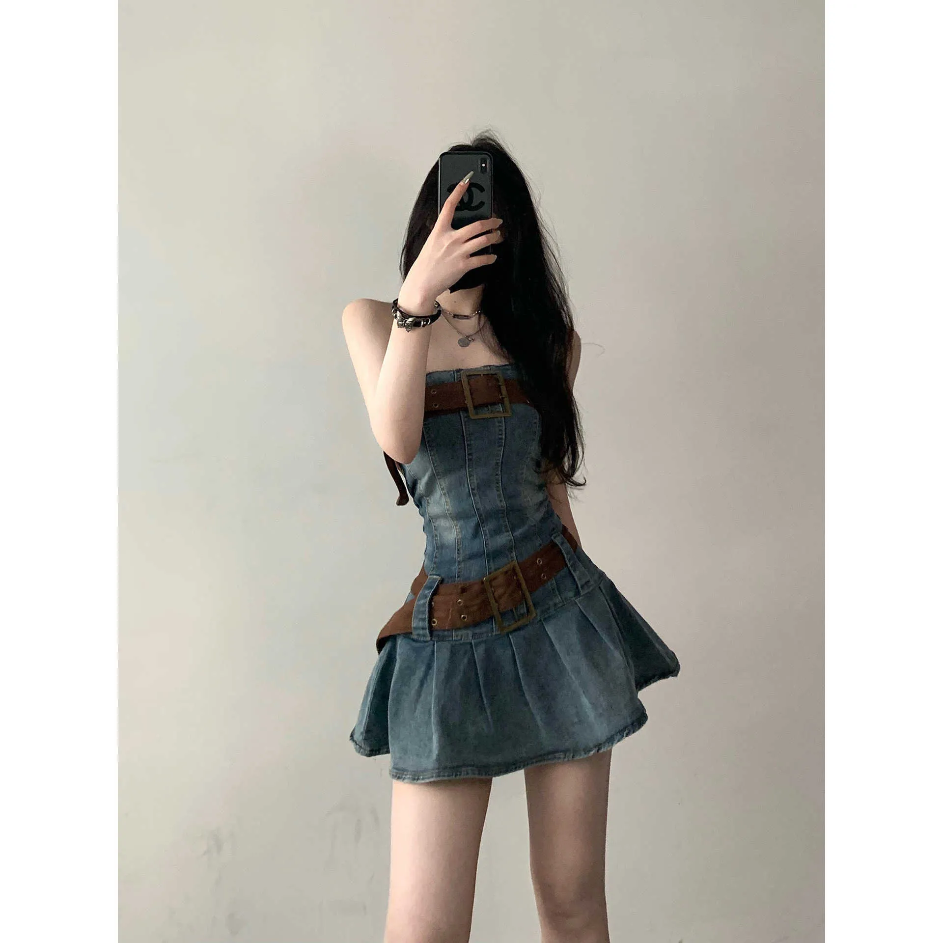 Y2k Denim Mini Dress Strapless American Style A-Line Skirt, Sexy Waist  Belt, Spicy Girl Fashion, Trendy Summer Outfit
