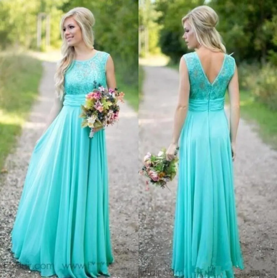 2021 Turquoise Bridesmaids Dresses Sheer Jewel Neck Lace Top Chiffon Long Country Bridesmaid Maid of Honor Wedding Guest Dresses4525185