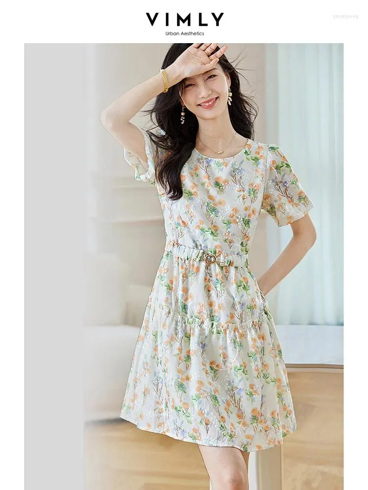 Party Dresses Vimly Floral Printed Dress Women 2024 Summer Romance O-neck Short Sleeve Belt A-line Beach Style Midi Holiday V9567